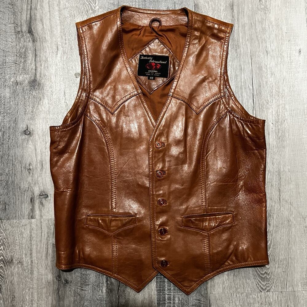 VTG 70s Fantastic International Cognac Brown Leather Waist Coat Vest Size 40